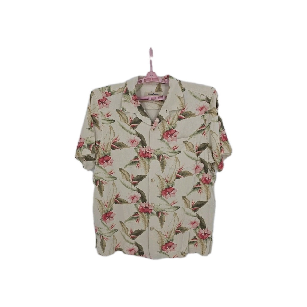 Tommy Bahama Beige Coral Brown Floral Print‎ Men's Short Sleeve Shirt Size XL